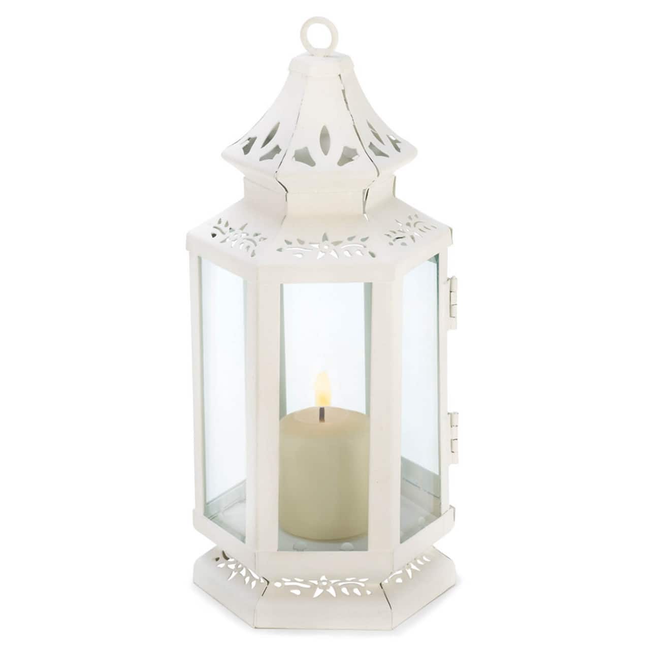 8" White Metal Victorian Lantern with Floral Cutouts